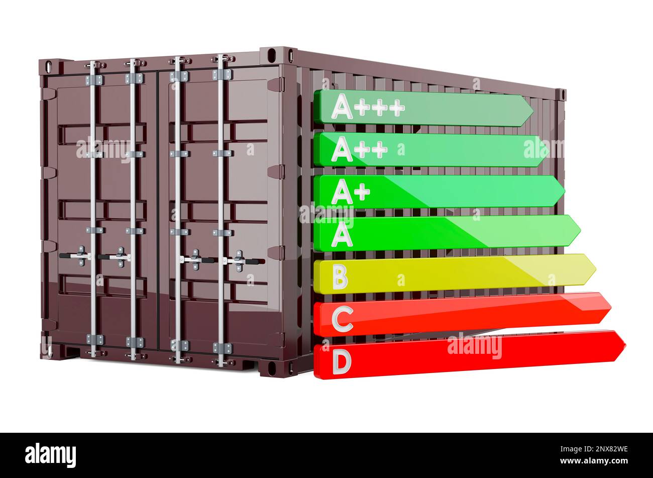 Container con tabella di efficienza energetica, rendering 3D isolato su sfondo bianco Foto Stock