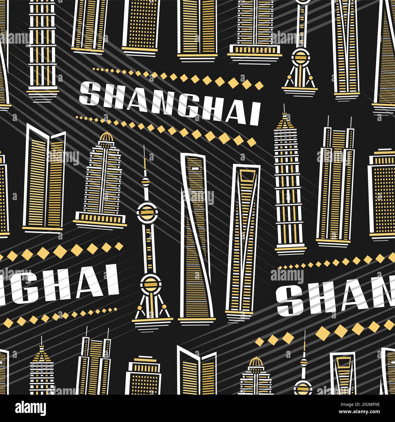 Vector Shanghai Seamless Pattern, sfondo ripetuto con illustrazione del famoso paesaggio della città di Shanghai su sfondo scuro per carta da imballaggio, decorati Illustrazione Vettoriale
