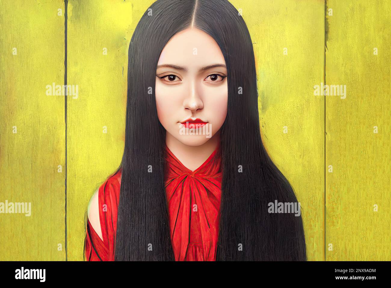 Ritratto d'arte di una giovane donna con lunghi capelli neri, adagiato su uno sfondo giallo vibrante. i capelli sono un contrasto sorprendente rispetto allo sfondo audace Foto Stock