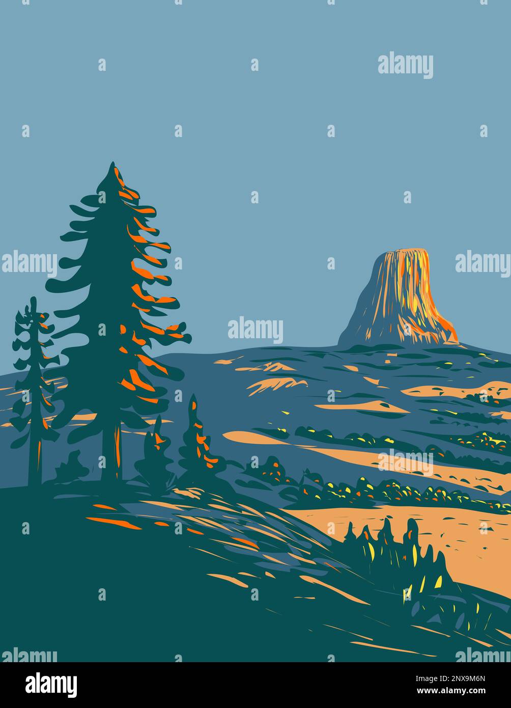 WPA poster art of Devils Tower National Monument in Northeastern Wyoming in estate fatto in opere di amministrazione progetto o in stile federale progetto d'arte. Foto Stock