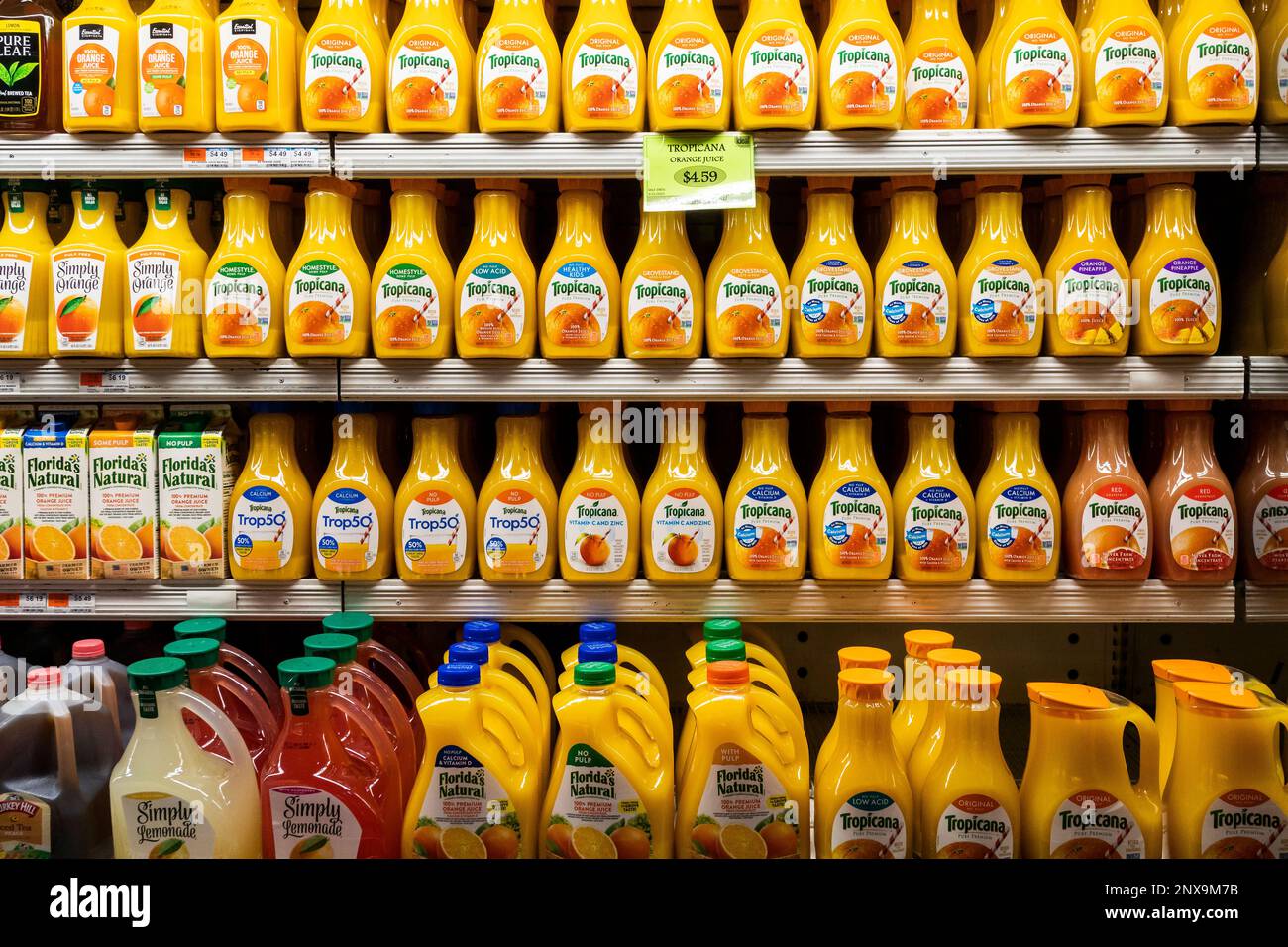 Bottiglie di Tropicana e di altre marche di succo d'arancia sono viste in un supermercato frigorifero case a New York il Martedì, 21 febbraio 2023. La produzione di arancia della Florida è riportata per essere giù 61% rispetto all'anno scorso, i prezzi dell'ergo sono saliti. Tropicana è di proprietà di PAI Partners con il 39% ancora detenuto da Pepsico. (© Richard B. Levine) Foto Stock
