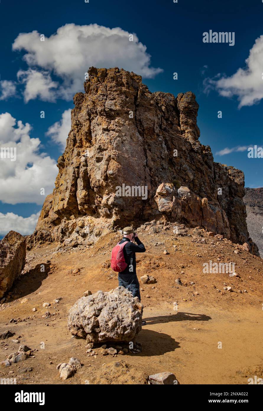 Fotografo maschile sulla traversata alpina Tongariro, Foto Stock