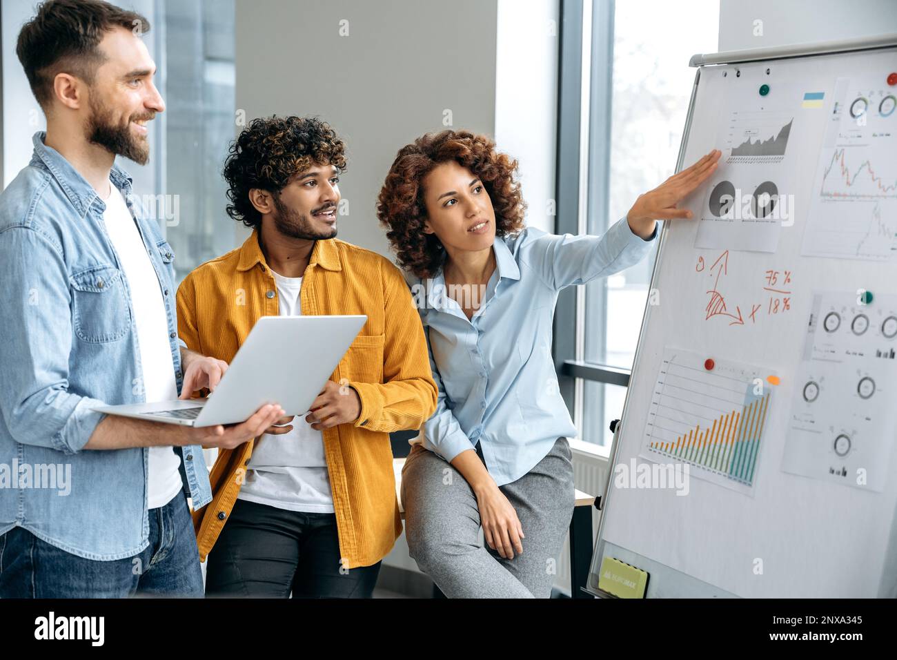 Collaborazione, lavoro di squadra. Colleghi multirazziali motivati di successo, stare vicino al cartello segnalante in ufficio, sviluppare nuove start-up, pianificare strategia, pensare alle idee, analizzare i rischi, comunicazione Foto Stock
