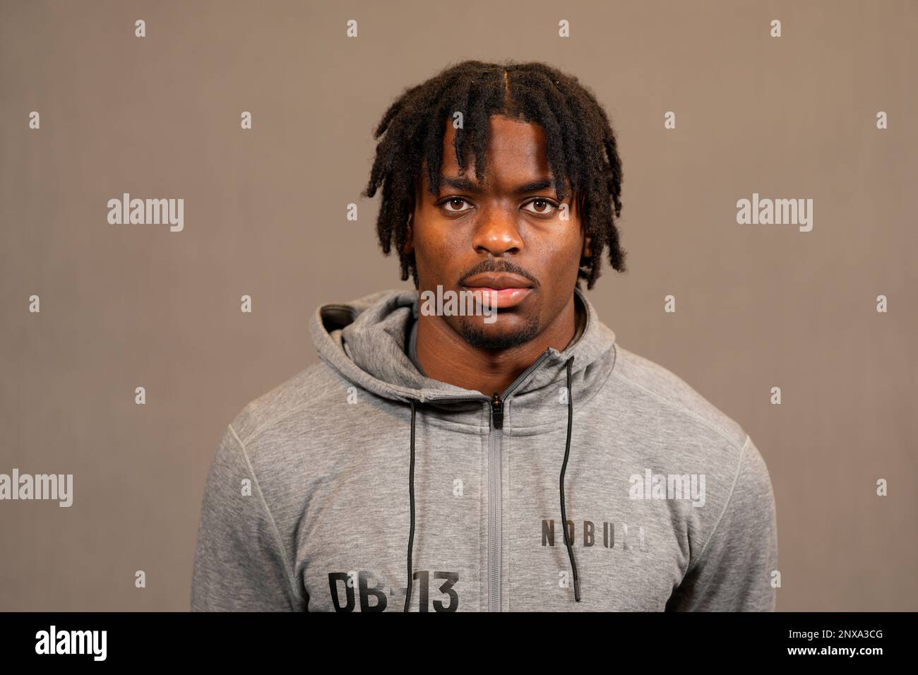 LSU defensive back Mekhi Garner poses for a portrait at the NFL football Combine on Wednesday, March 1, 2023 in Indianapolis. (AJ Mast/AP Images for the NFL) Foto Stock