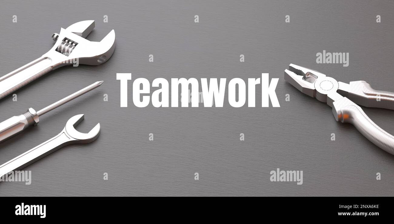 testo di lavoro di squadra e strumento di lavoro Foto Stock