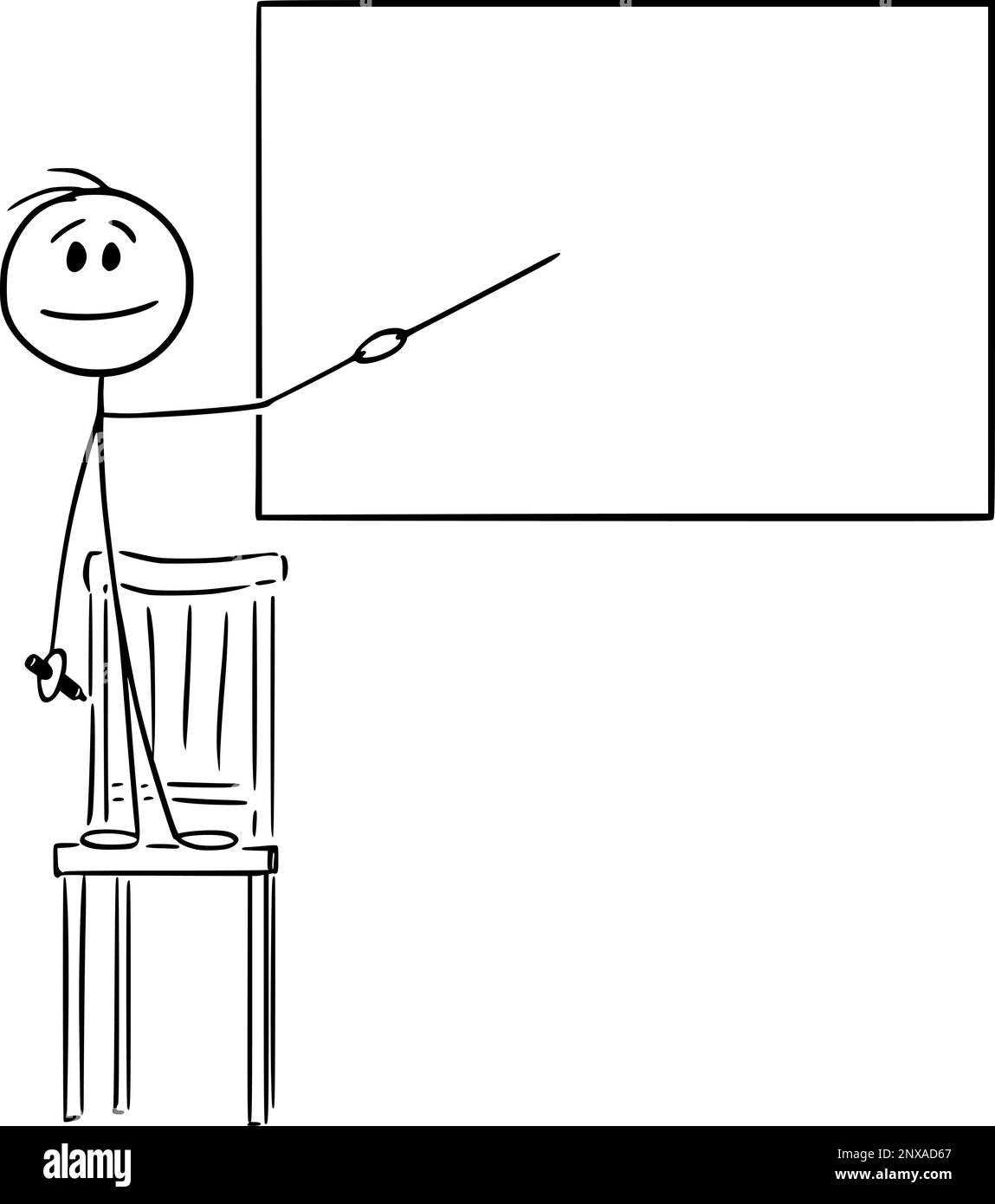 Bambino che punta a Whiteboard vuota , Stick vettoriale Cartoon Figura Illustrazione Illustrazione Vettoriale
