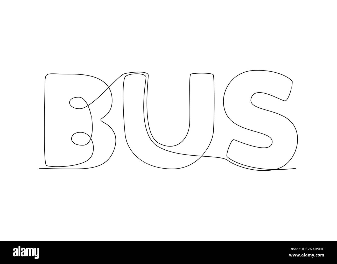 Una linea continua di Bus Word. Concetto di vettore di illustrazione a linea sottile. Disegno di contorno idee creative. Illustrazione Vettoriale