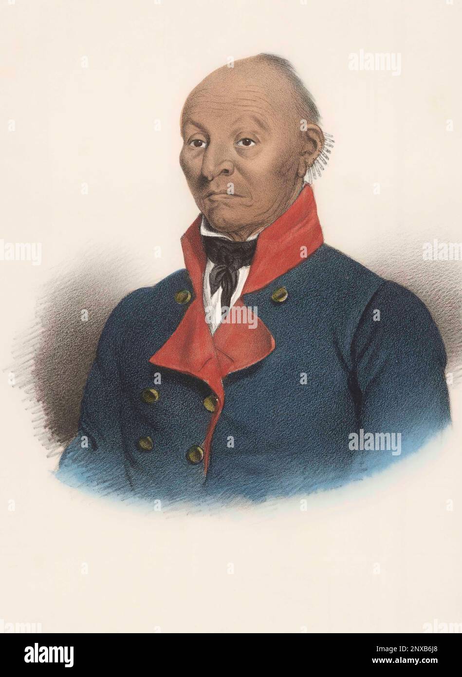 Mac-cut-i-mish-e-ca-cu-cac o Black Hawk. Un celebrato Capo della SAC. Dopo un lavoro di James otto Lewis. L'artista americano Lewis, 1799 - 1858, ha partecipato a molte riunioni di trattato e i dipinti che ha fatto di dignatori indiani sono stati tra quelli pubblicati nel suo Aboriginal Port Folio, 1835-1836. Foto Stock