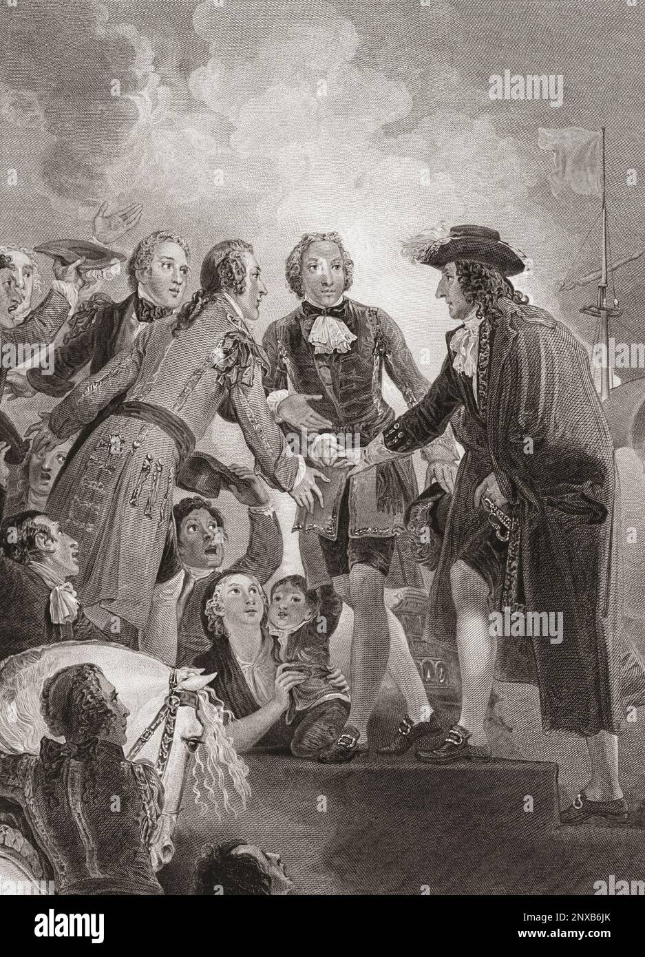 Guglielmo, Principe d'Orange (successivamente Re Guglielmo III) atterra a Brixham a Torbay, Devon, Inghilterra, 5 novembre 1688. Dopo una stampa di George Noble dal lavoro di Thomas Stothard originariamente apparso nella Robert Bowyer's Historic Gallery, pubblicata tra il 1793 e il 1806. Foto Stock