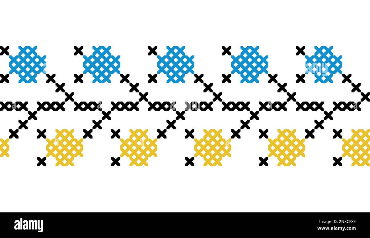 Vettore ucraino senza giunture bordo, modello, ornamento. Tradizione popolare, confine etnico. Decorazioni ucraine in giallo e blu. Pixel art, vyshyvanka, croce Illustrazione Vettoriale