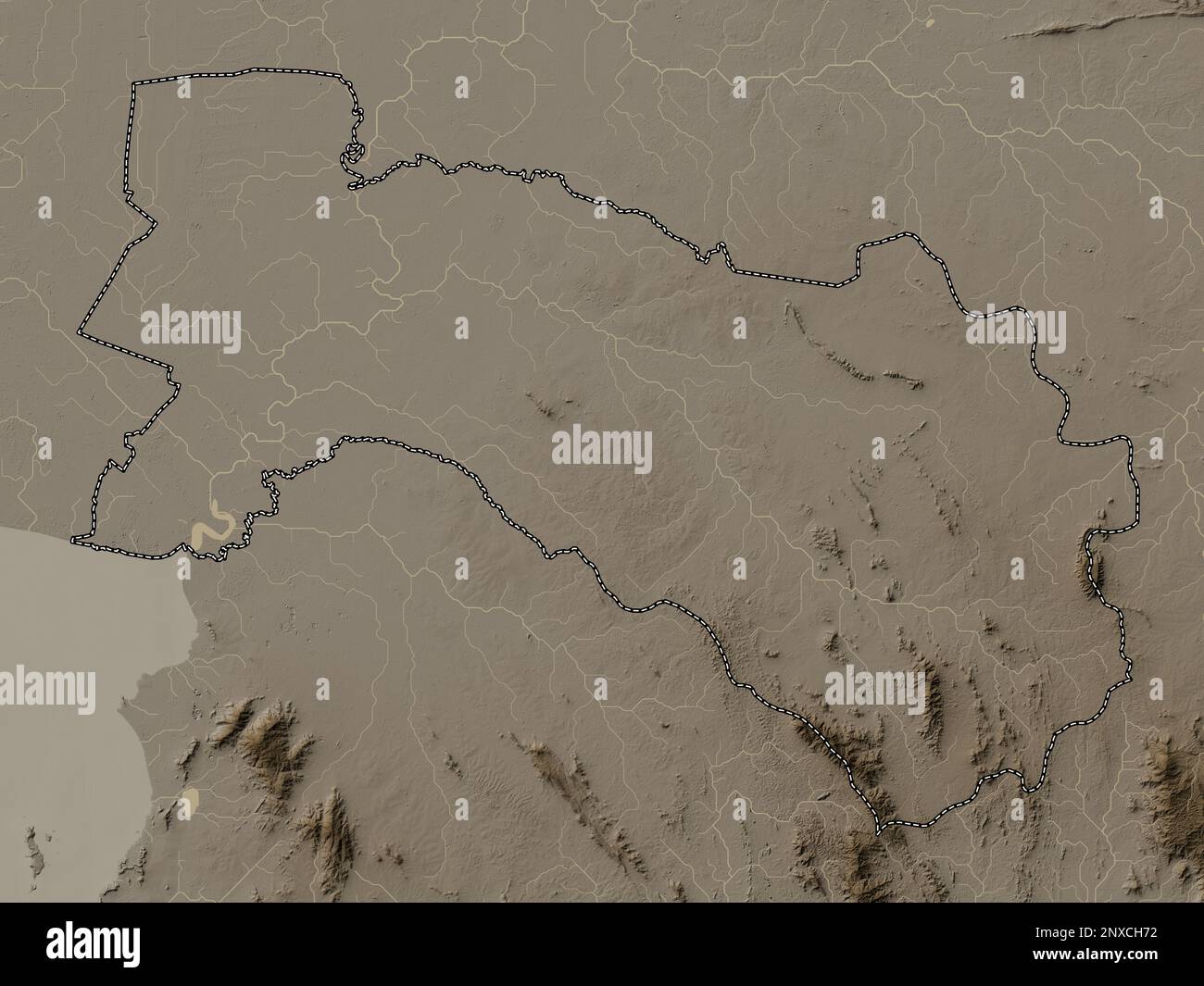 Chachoengsao, provincia della Thailandia. Mappa dell'altitudine colorata in tonalità seppia con laghi e fiumi Foto Stock