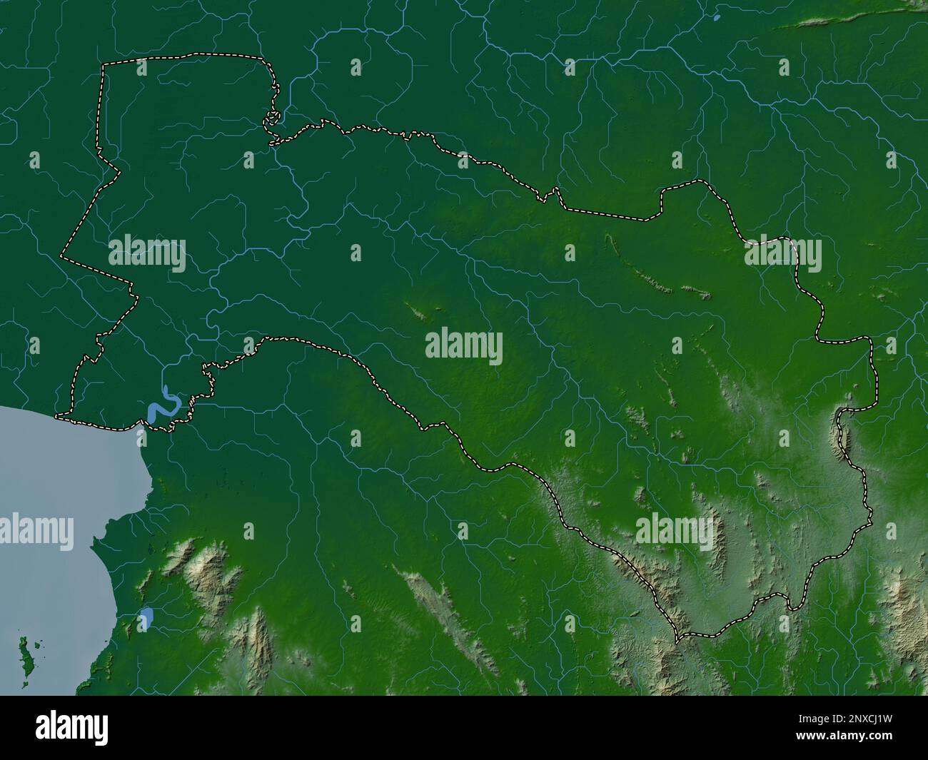 Chachoengsao, provincia della Thailandia. Mappa di altitudine colorata con laghi e fiumi Foto Stock