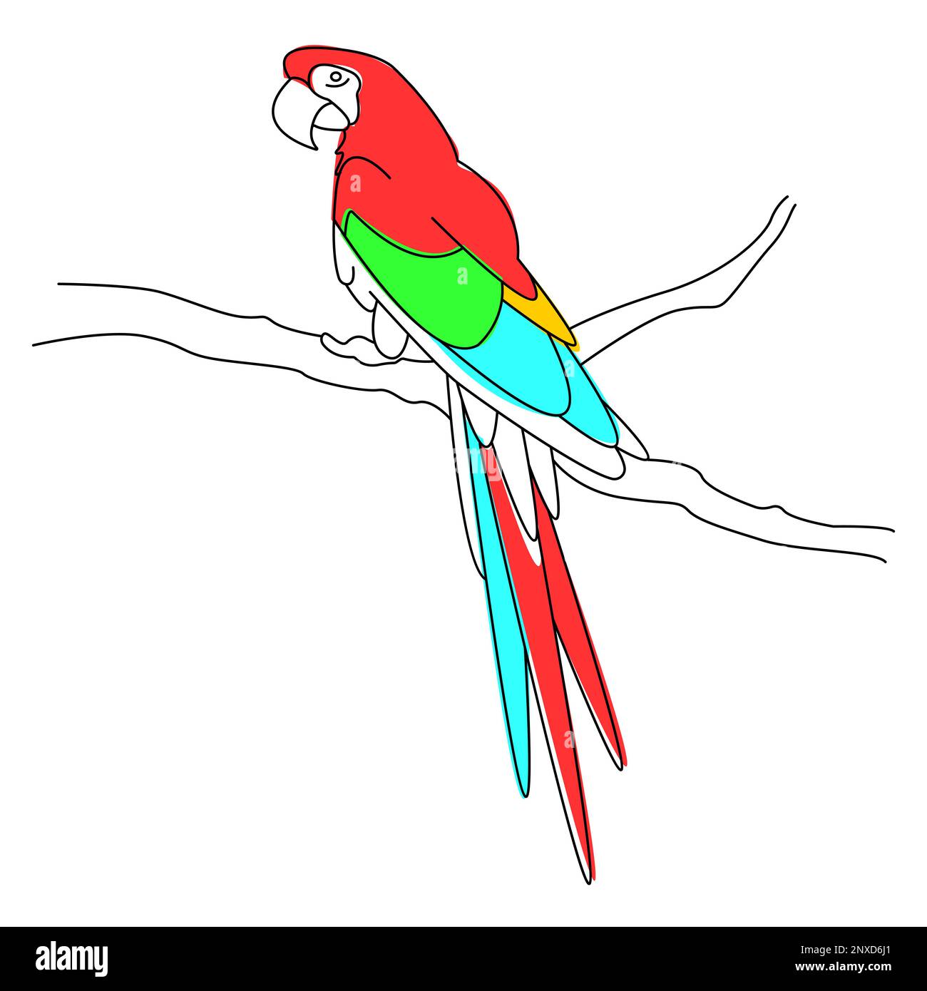 Semplice illustrazione lineare di un uccello tropicale esotico. Pappagallo macaw multicolore seduto su un ramo. Icona, elemento, clipart, oggetto per il co dei bambini Illustrazione Vettoriale