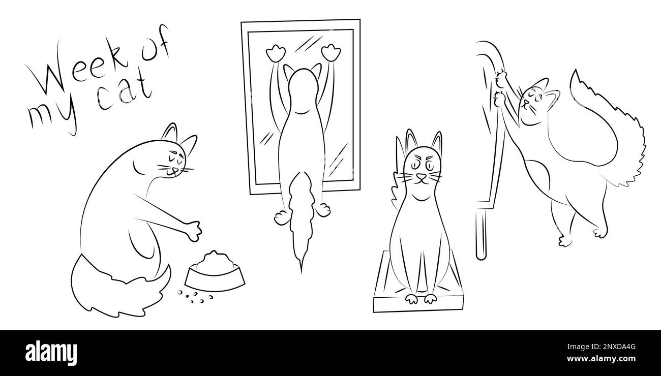 Collezione con mascotte gatto semplice. Disegno lineare di cucciolo. La routine quotidiana di Cat. Personaggi dei gatti siamesi. Fumetti su Brawler. Per vet c Illustrazione Vettoriale