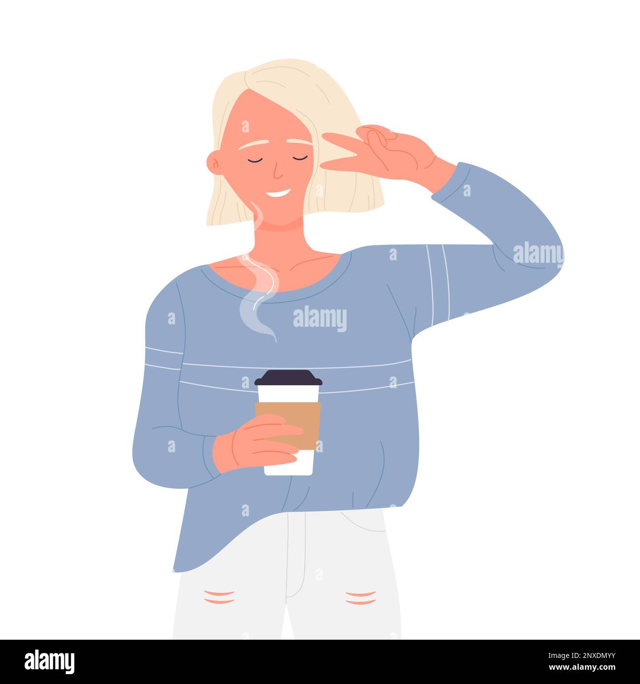 Donna con tazza di caffè calda. Bevande da asporto, bevande di strada per andare vettore illustrazione Illustrazione Vettoriale