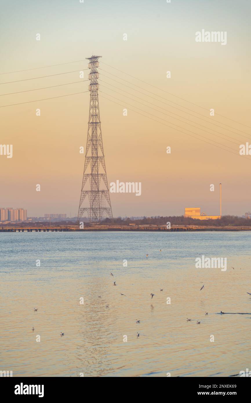 I piloni più alti del Regno Unito, che attraversano il tamigi a Greenhithe Foto Stock