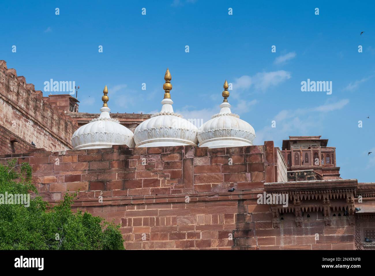 Antiche strutture all'interno del forte di Mehrangarh, Jodhpur, Rajasthan, India. Famosa architettura con intricati intagli e ampi cortili. Sito dell'UNESCO Foto Stock