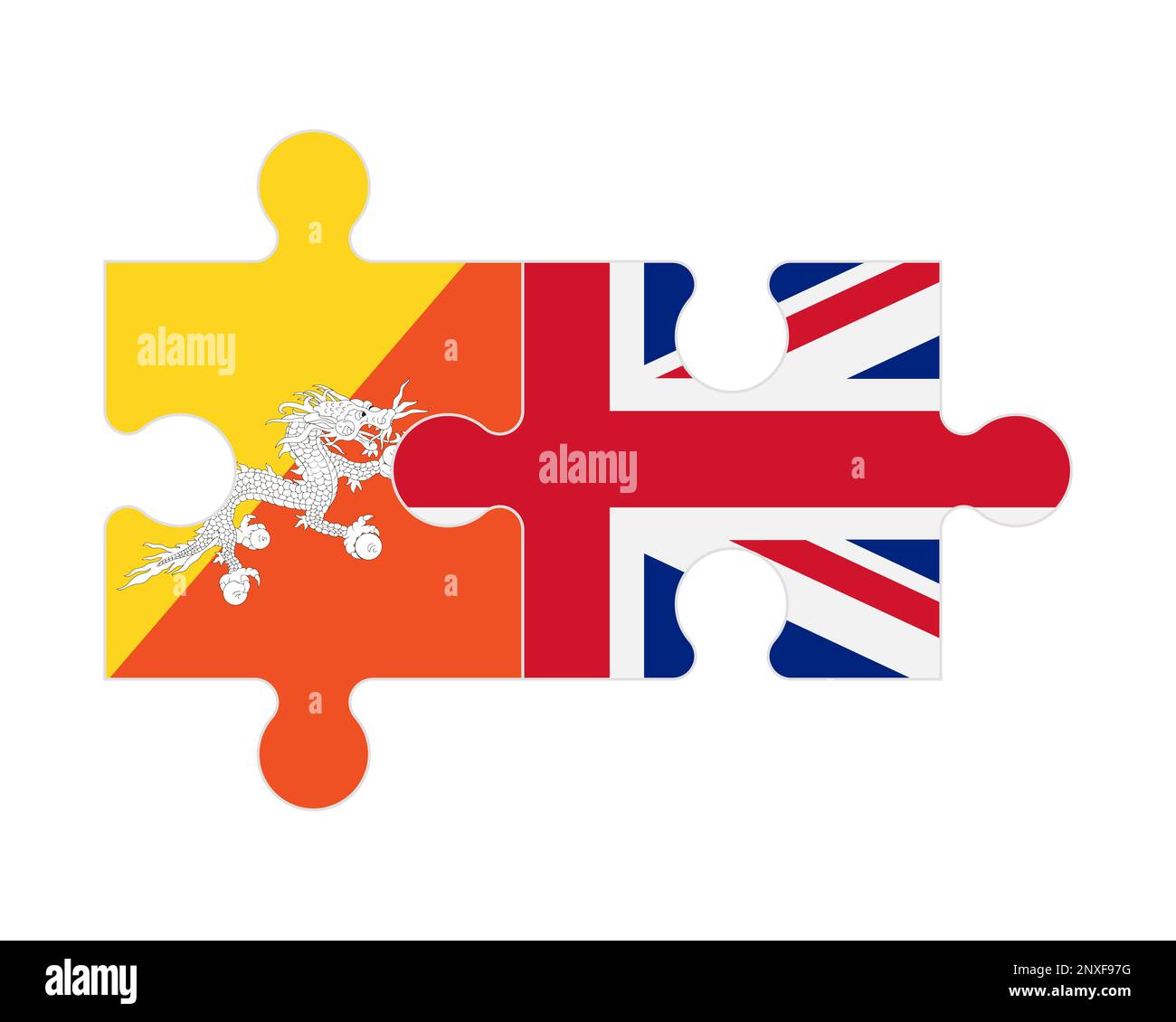Puzzle connesso di bandiere del Bhutan e del Regno Unito, vettore Illustrazione Vettoriale