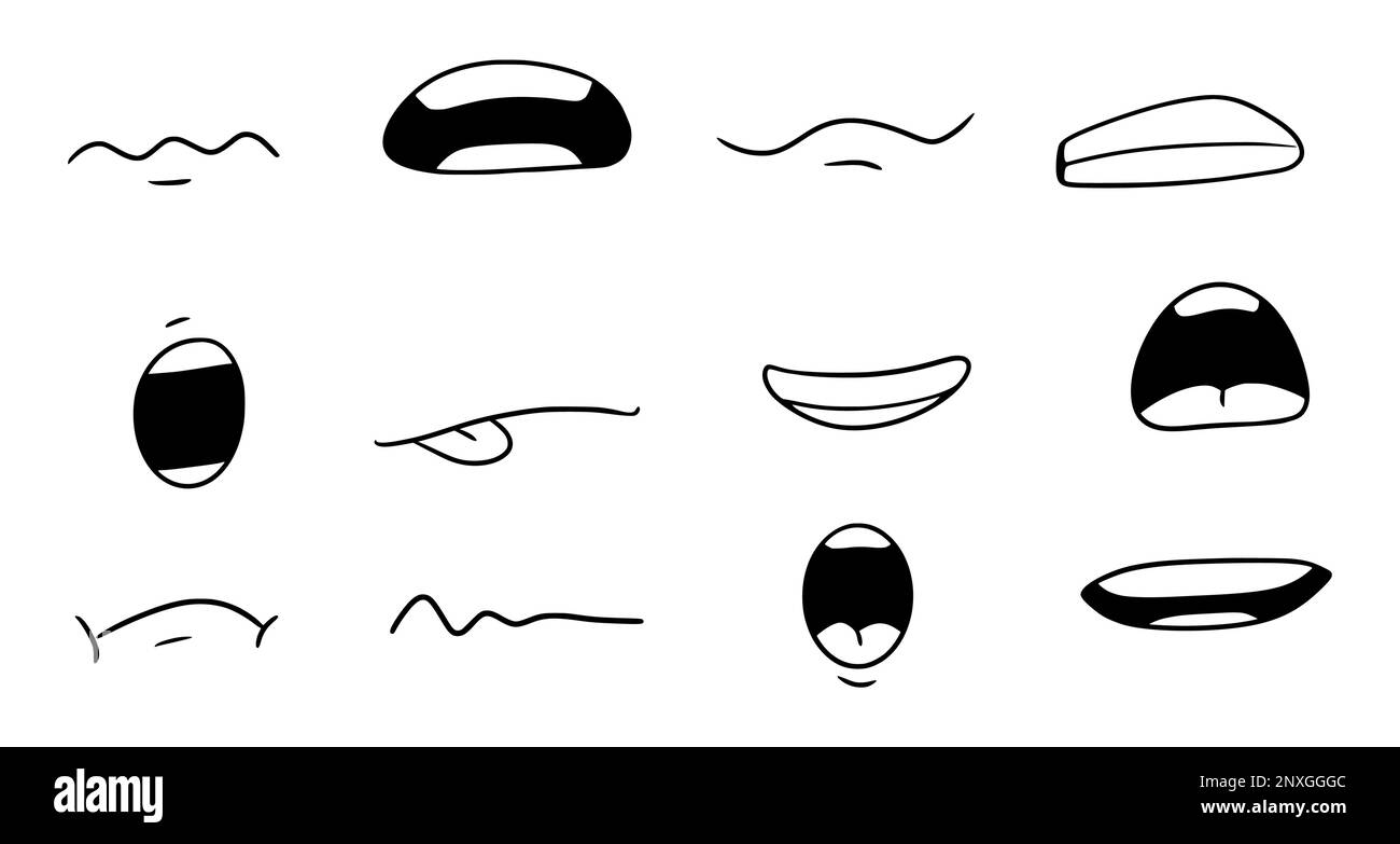 Cartone animato bocca sorriso, felice, triste espressione set. Bocca di doodle disegnata a mano, lingua caricatura emoji icona. Divertente stile comico doodle. Illustrazione vettoriale. Illustrazione Vettoriale