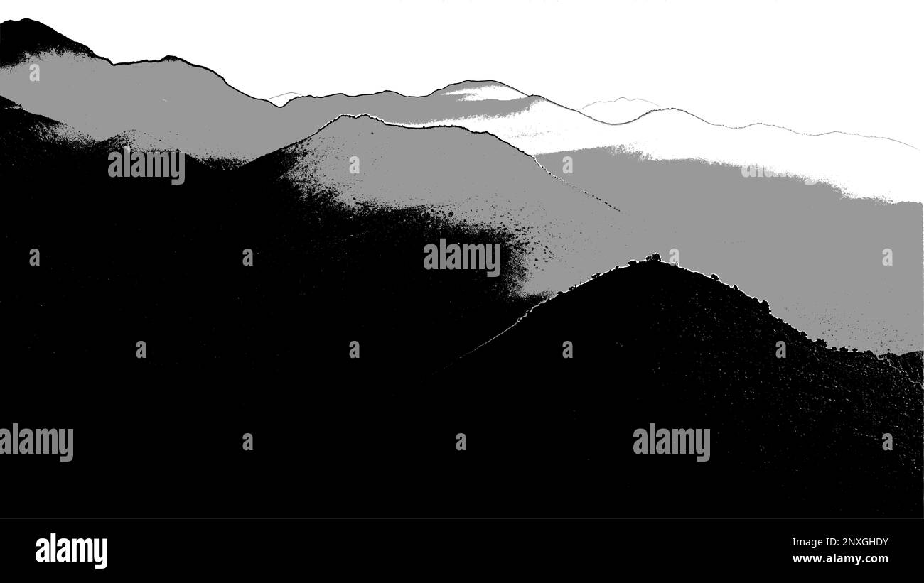 Bellissimo paesaggio bianco e nero di montagna con nebbia e foresta. Alba e tramonto in montagna. Esterno e natura concetto. Illustrazione vettoriale. Illustrazione Vettoriale