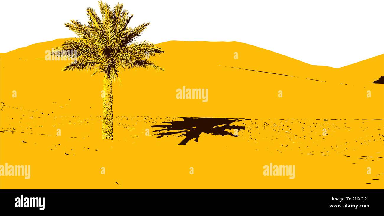 Dune di sabbia nel deserto e una palma. Immagine vettoriale del deserto del Sahara. Illustrazione Vettoriale