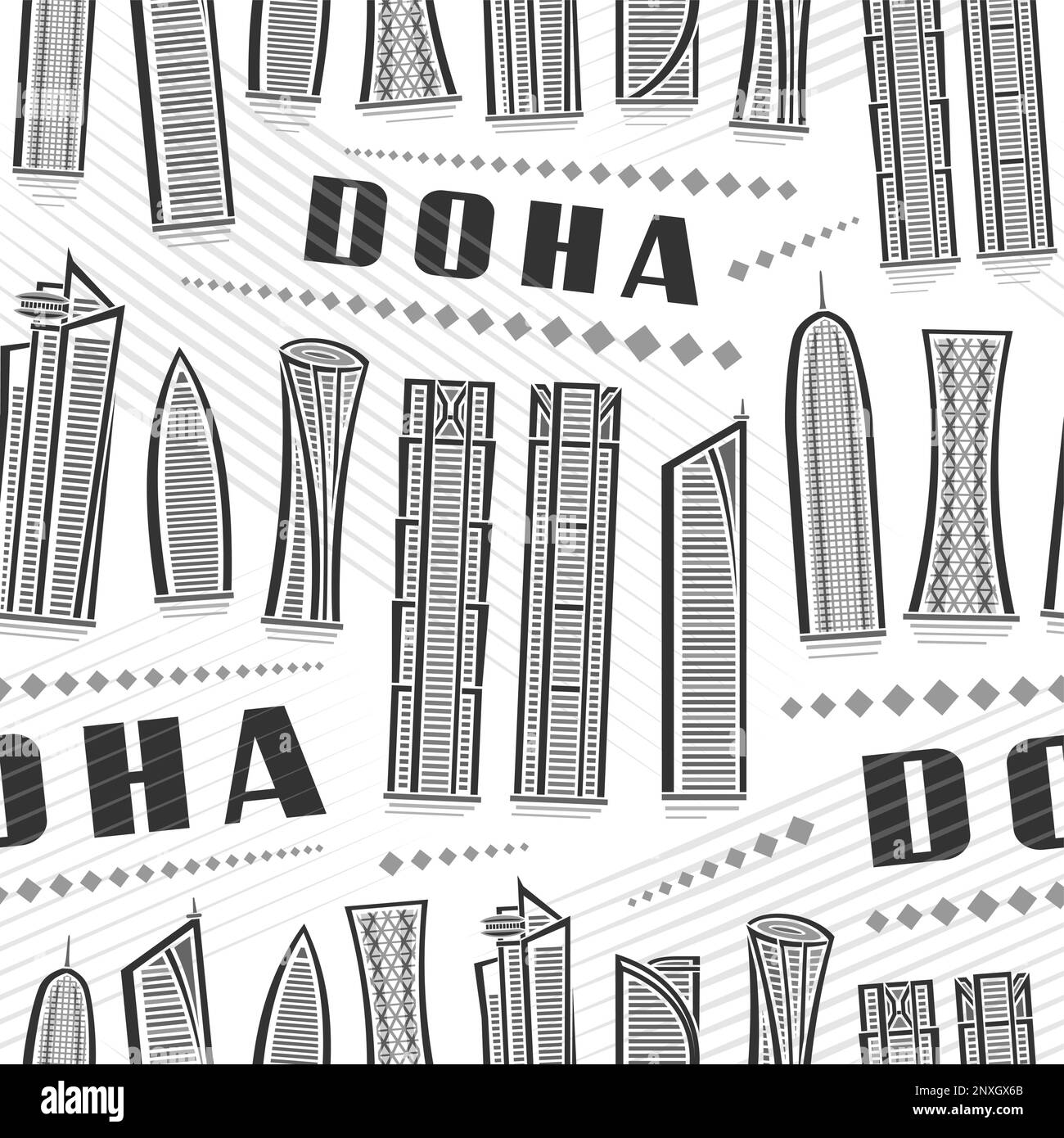 Vector Doha Seamless Pattern, sfondo quadrato ripetuto con illustrazione del famoso paesaggio della città di doha su sfondo bianco per carta da imballaggio, monocro Illustrazione Vettoriale