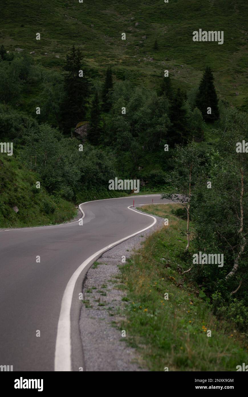 Strada di montagna in condizioni climatiche nuvolose nelle Alpi Foto Stock
