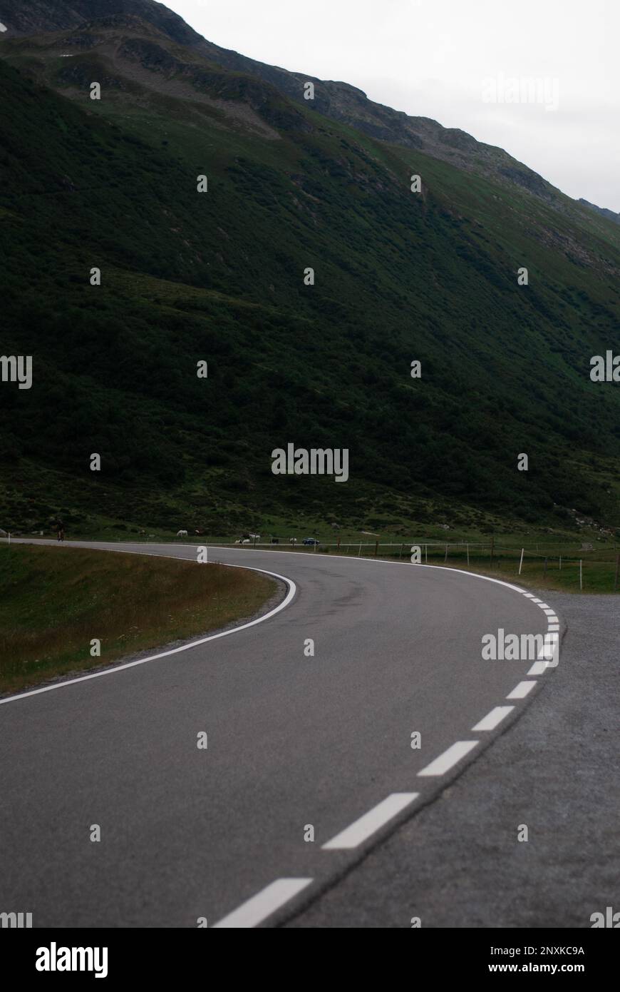 Vista sulla strada di montagna in condizioni climatiche nuvolose nelle Alpi Foto Stock