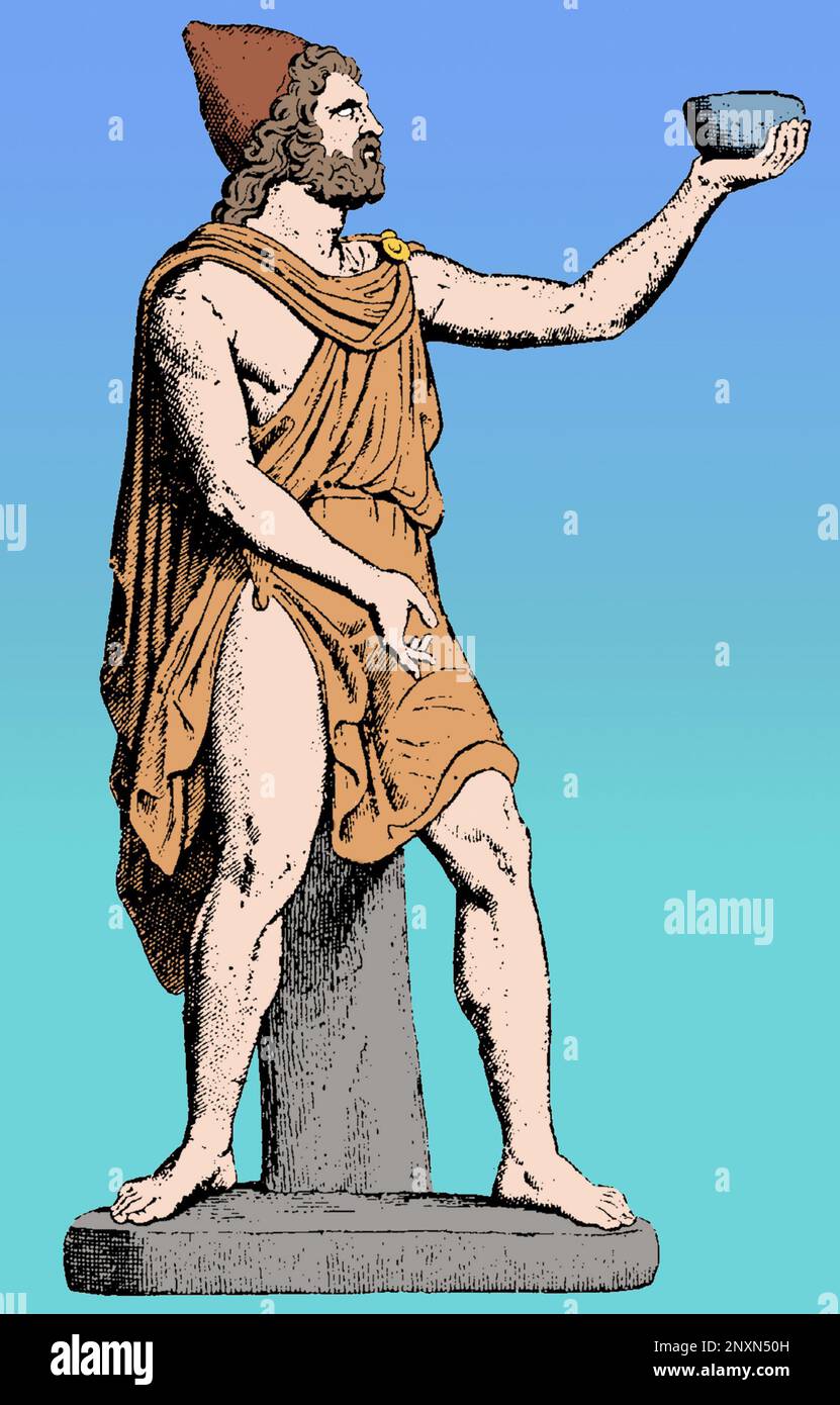 Odysseus che offre vino ai Ciclopi. Antica statua in Vaticano, Roma. Illustrazione, 1914. Colorato. Foto Stock
