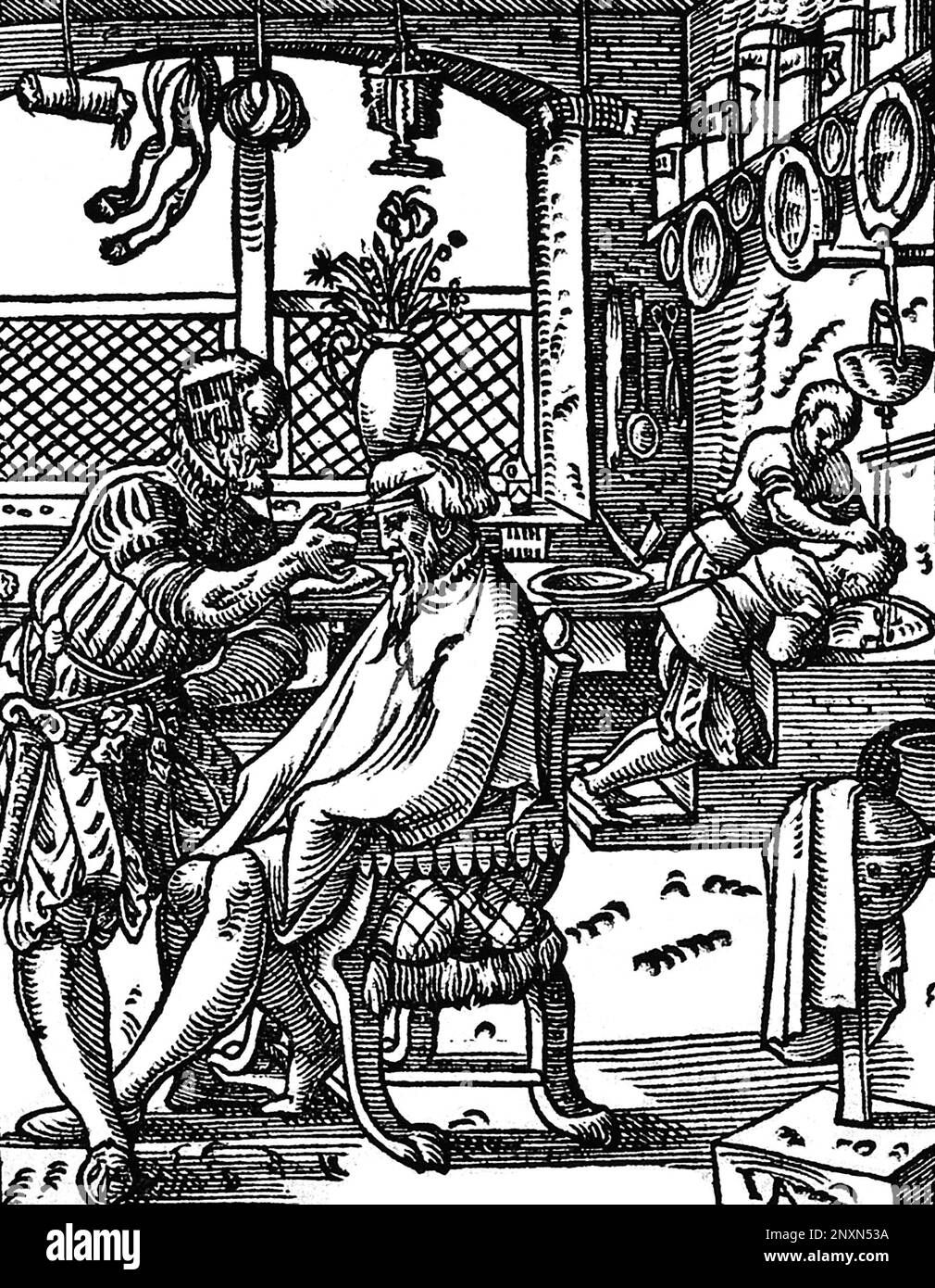 Un barbiere che taglia i capelli di un uomo. Legno tagliato da Jost Amman's Book of Trades, 1568. Foto Stock