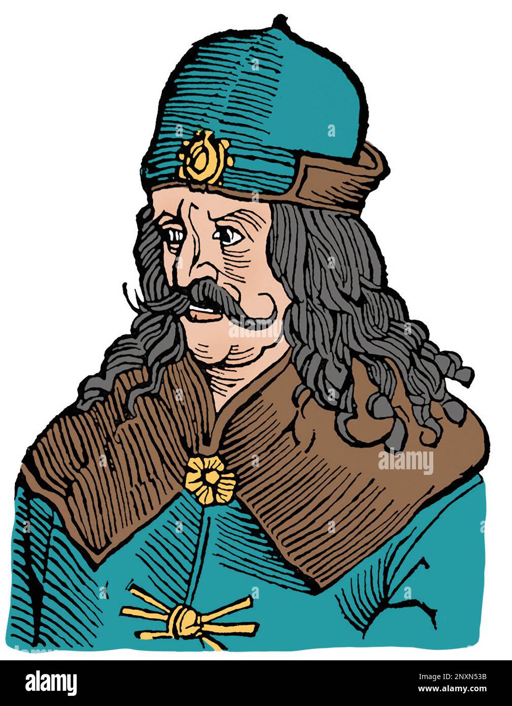 Vlad III, comunemente noto come Vlad l'impalatore o Vlad Dracula (1428/31, ai 1476/77), è stato Voivode di Wallachia tre volte. È spesso considerato uno dei più importanti governanti della storia della Vallachia e un eroe nazionale della Romania. Noto per la sua crudeltà, il suo patronimico ispirò il nome del vampiro letterario di Bram Stoker, il conte Dracula. Illustrazione dopo un'incisione del 16th° secolo. Colorato. Foto Stock