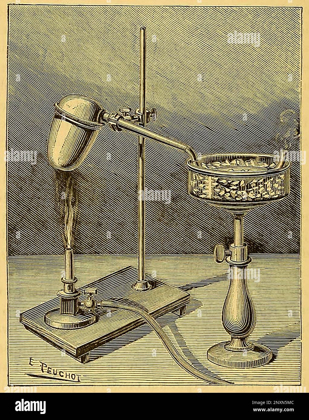 Henri Moissan (1852-1907) è stato un chimico e farmacista francese che ha vinto il Premio Nobel 1906 in chimica per il suo lavoro nell'isolamento dell'elemento chimico fluoro dai suoi composti, che ha fatto nel 1886. Illustrazione da 1887 di E. Peuchot. Foto Stock