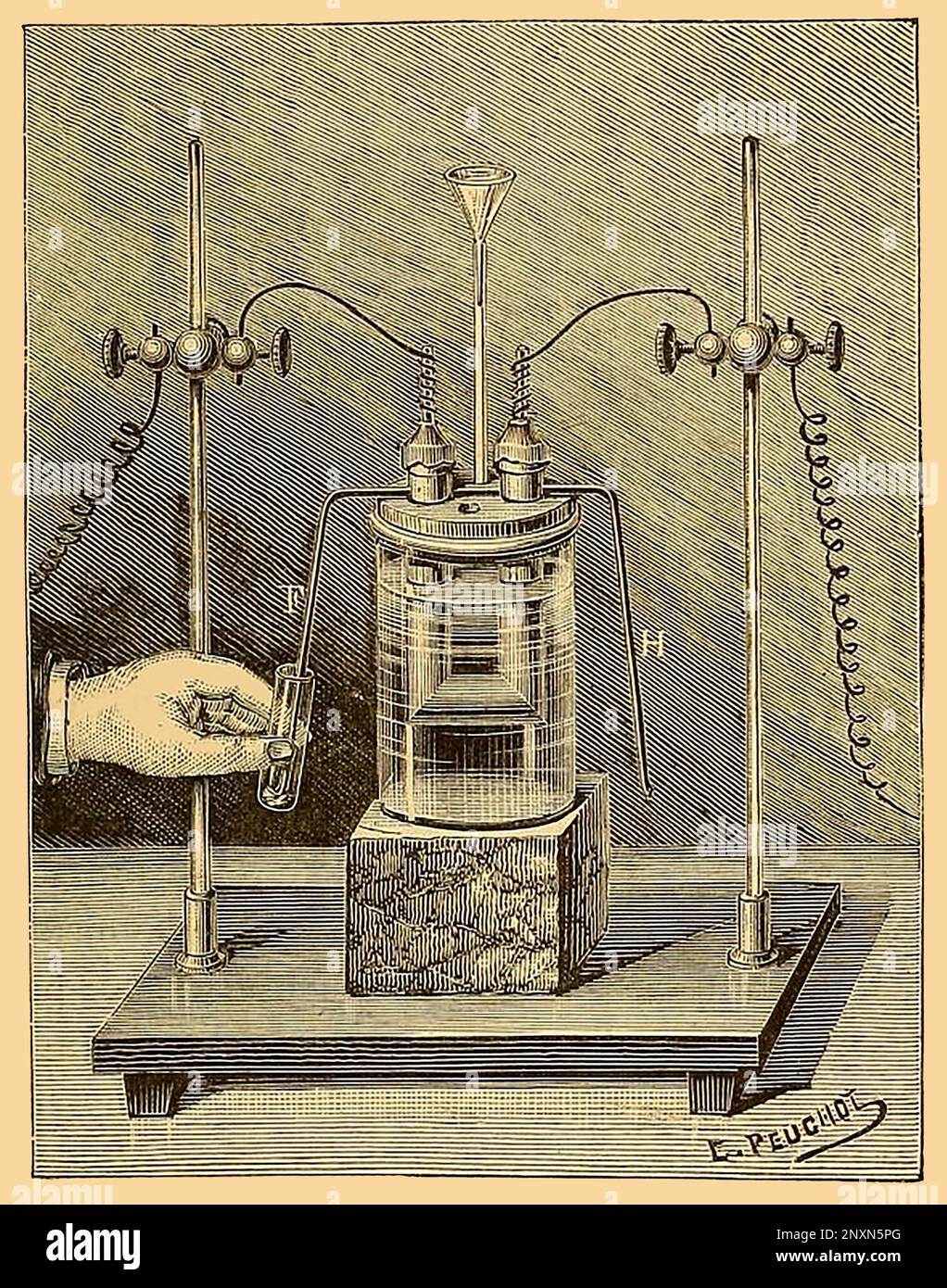 Henri Moissan (1852-1907) è stato un chimico e farmacista francese che ha vinto il Premio Nobel 1906 in chimica per il suo lavoro nell'isolamento dell'elemento chimico fluoro dai suoi composti, che ha fatto nel 1886. Illustrazione da 1887 di E. Peuchot. Foto Stock