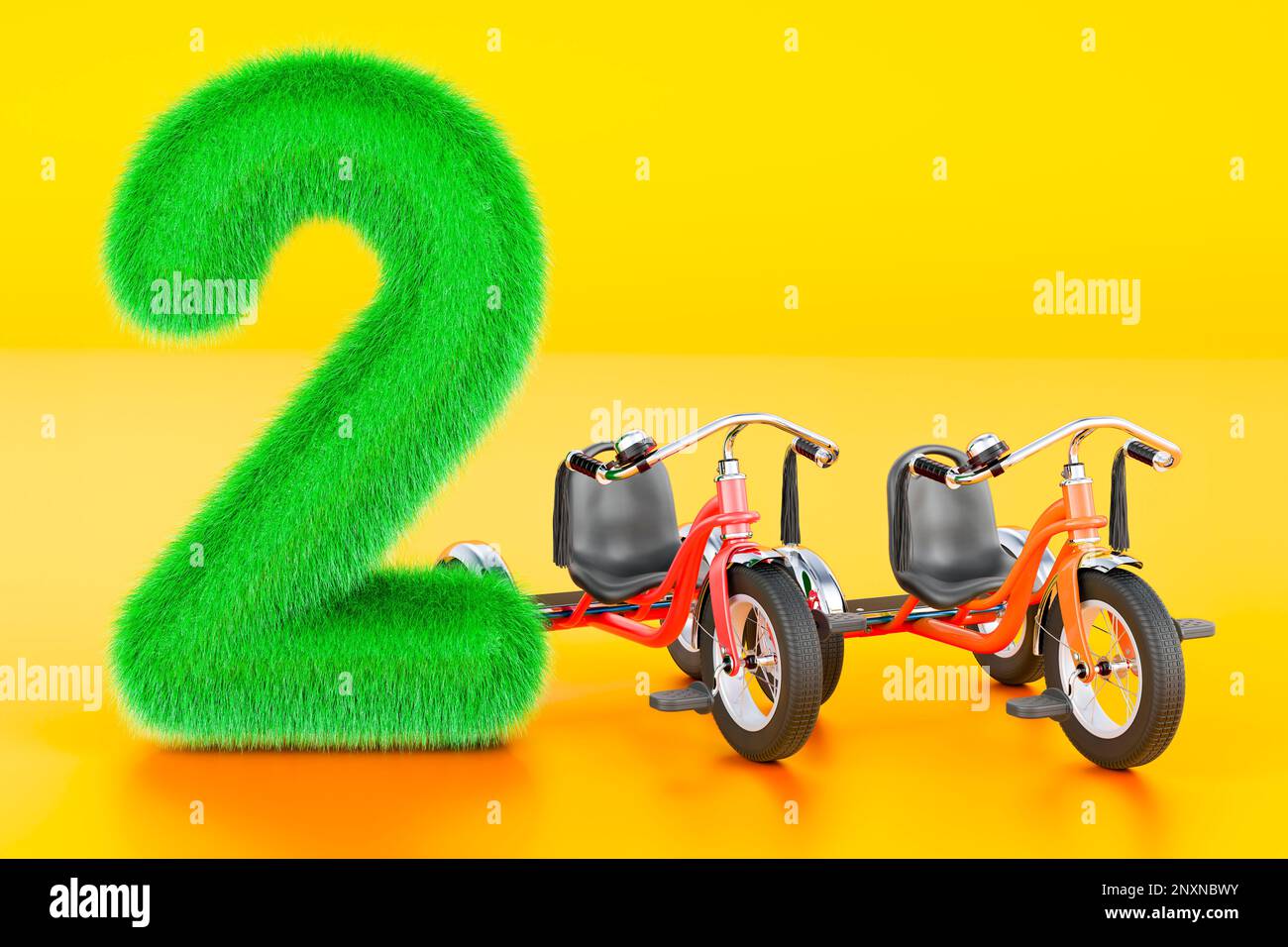 Bambini numero 2 lanuginoso con due bambini tricicli, 3D rendering su sfondo arancione Foto Stock