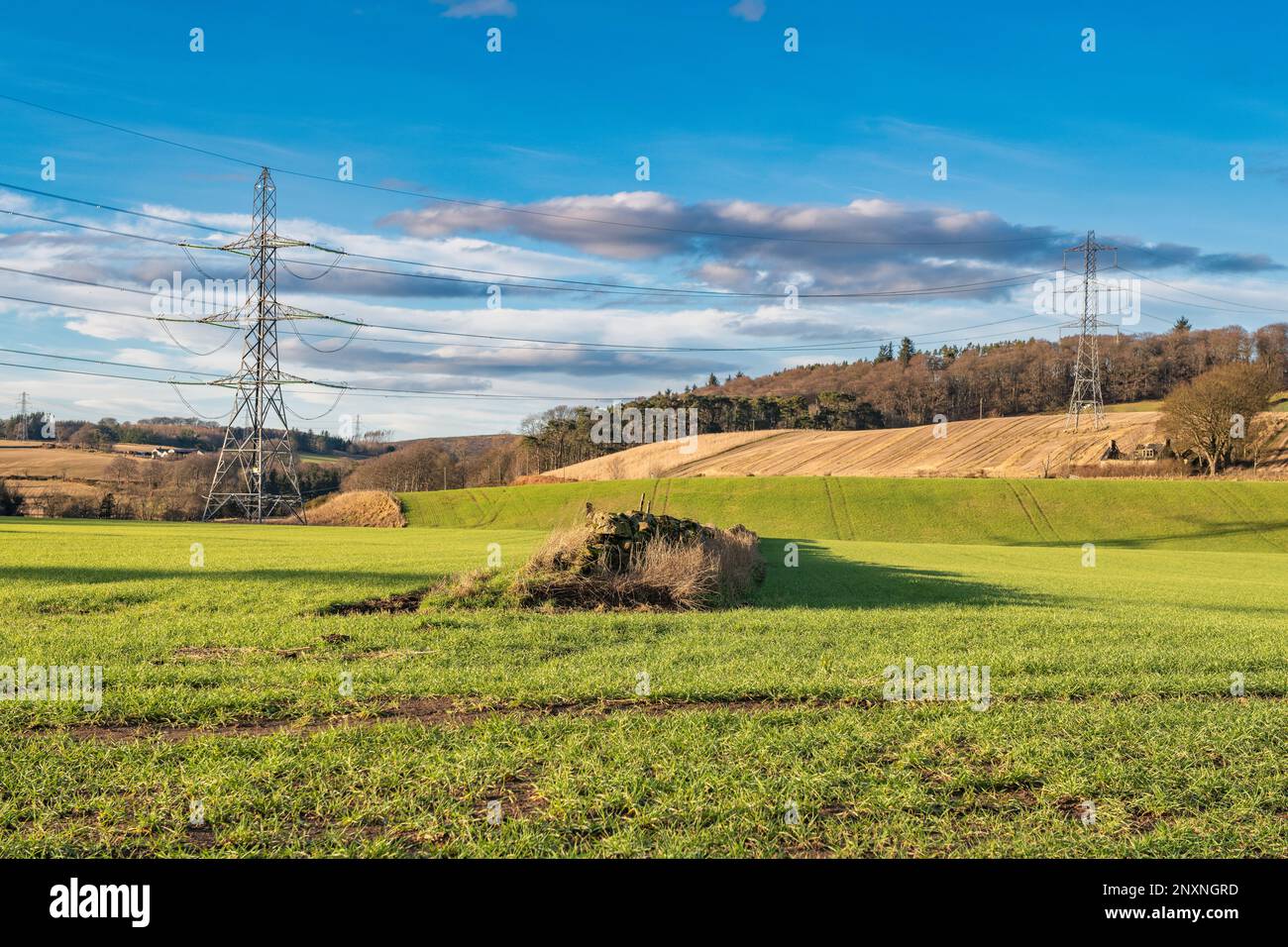 Paesaggio agricolo invernale con un pilone e le nuvole. Inverurie, Aberdeenshire, Scozia, Regno Unito Foto Stock