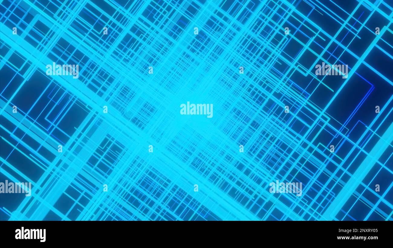 Animazione con tunnel quadrato rotante. Design. Quadrati lineari al neon nel tunnel rotante. Bellissimo tunnel vertiginoso di piazze al neon. Foto Stock