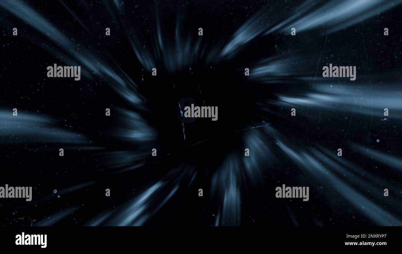 Sfondo nero. Movimento. Un flusso luminoso bianco nell'animazione di un effetto cartoon che si diffonde in direzioni diverse e scritto in 8k ultr Foto Stock