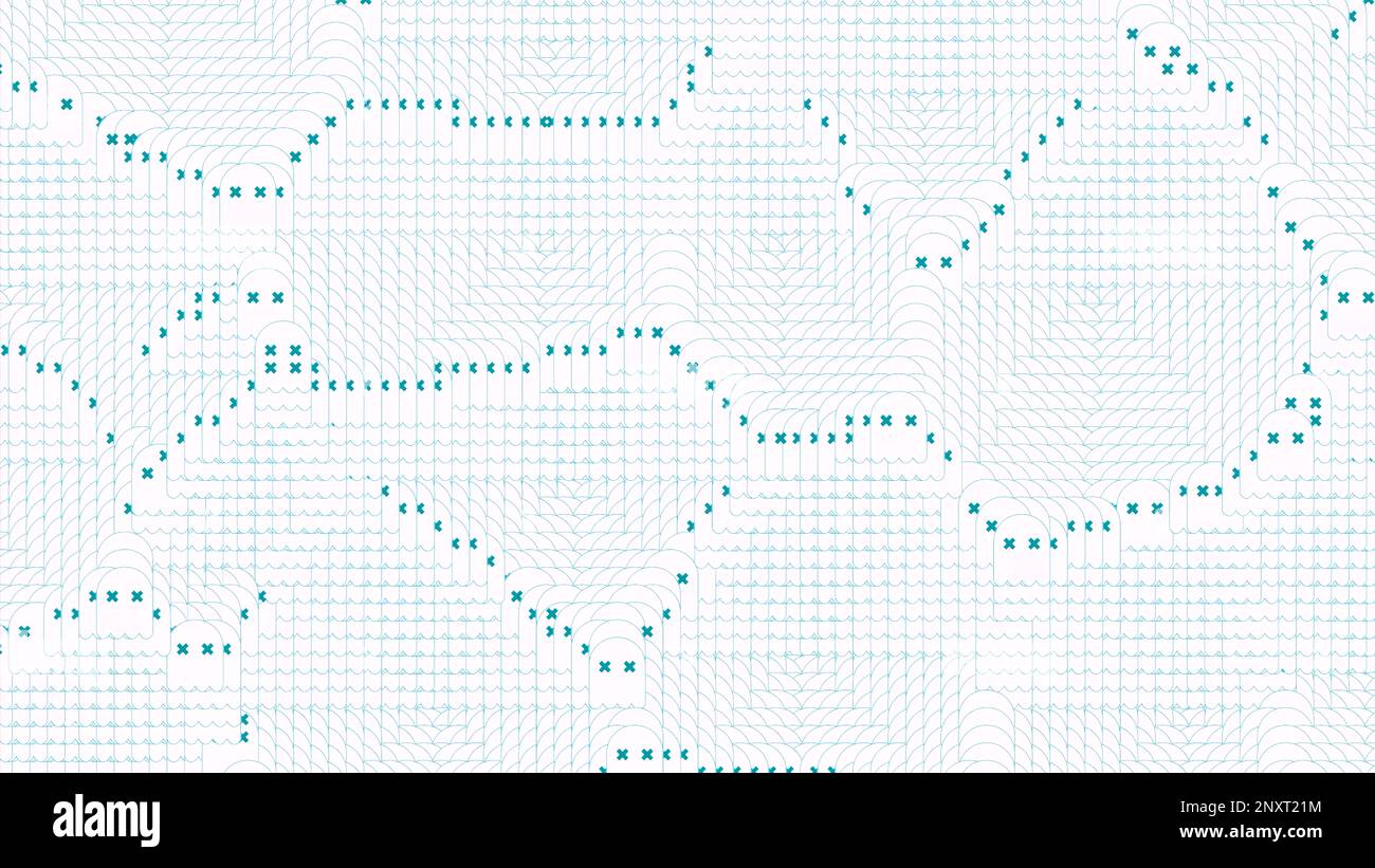 Animazione con motivo rotante di punti. Design. Sfondo elettronico di punti e motivo rotante con linee curve colorate. Motivo a punti con colore Foto Stock