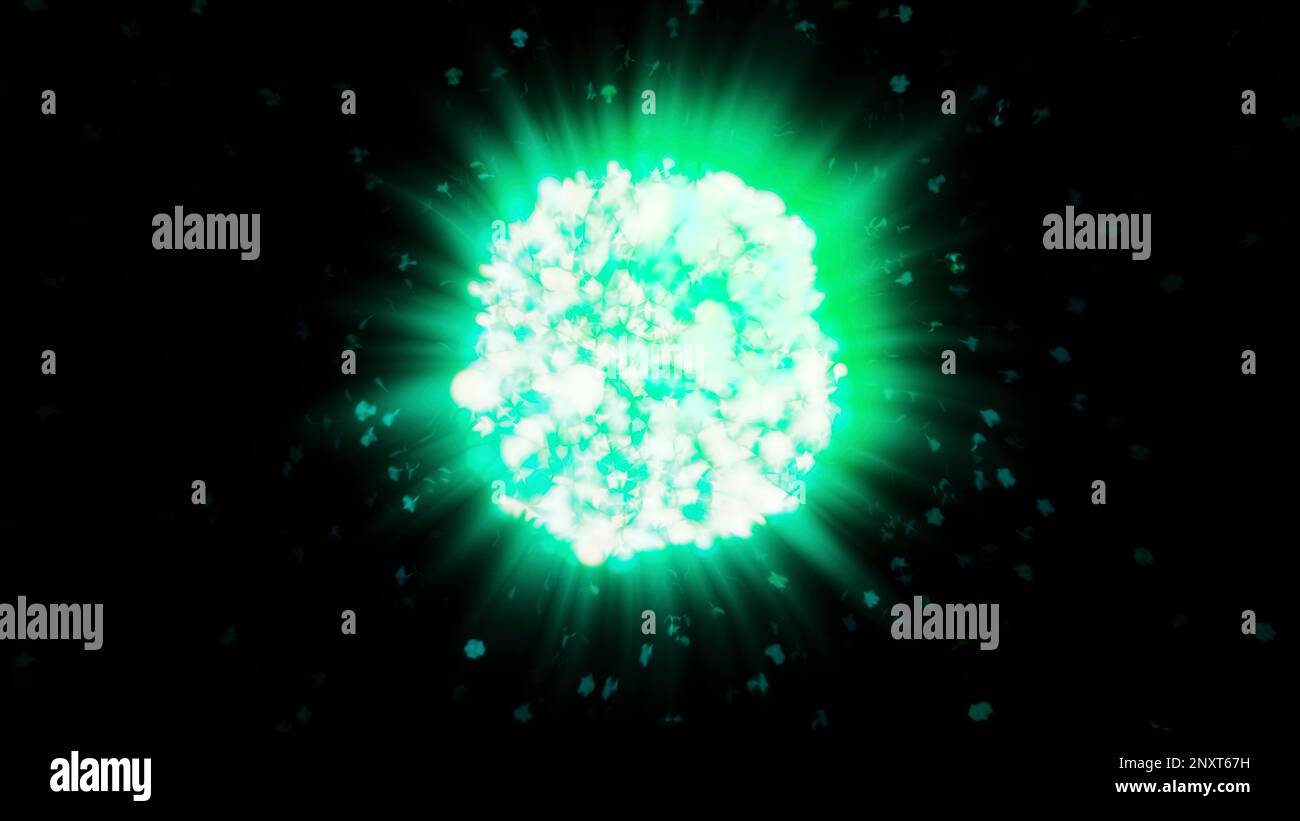Sfondo nero nello spazio. Movimento. Una sfera magica verde e viola brillante realizzata in formato 3D. Riprese in 4K di alta qualità Foto Stock