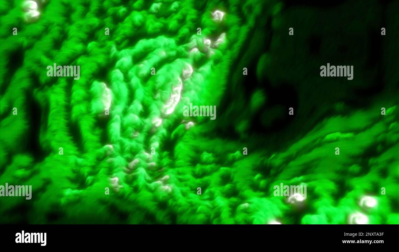 Sfondo verde e arancione. Movimento. Massa bollente con perline bianche all'interno realizzate in computer grafica. Riprese in 4K di alta qualità Foto Stock