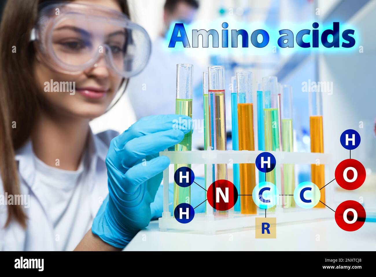 Formula chimica degli amminoacidi, illustrazione. Lo scienziato preleva la provetta dal rack del laboratorio Foto Stock