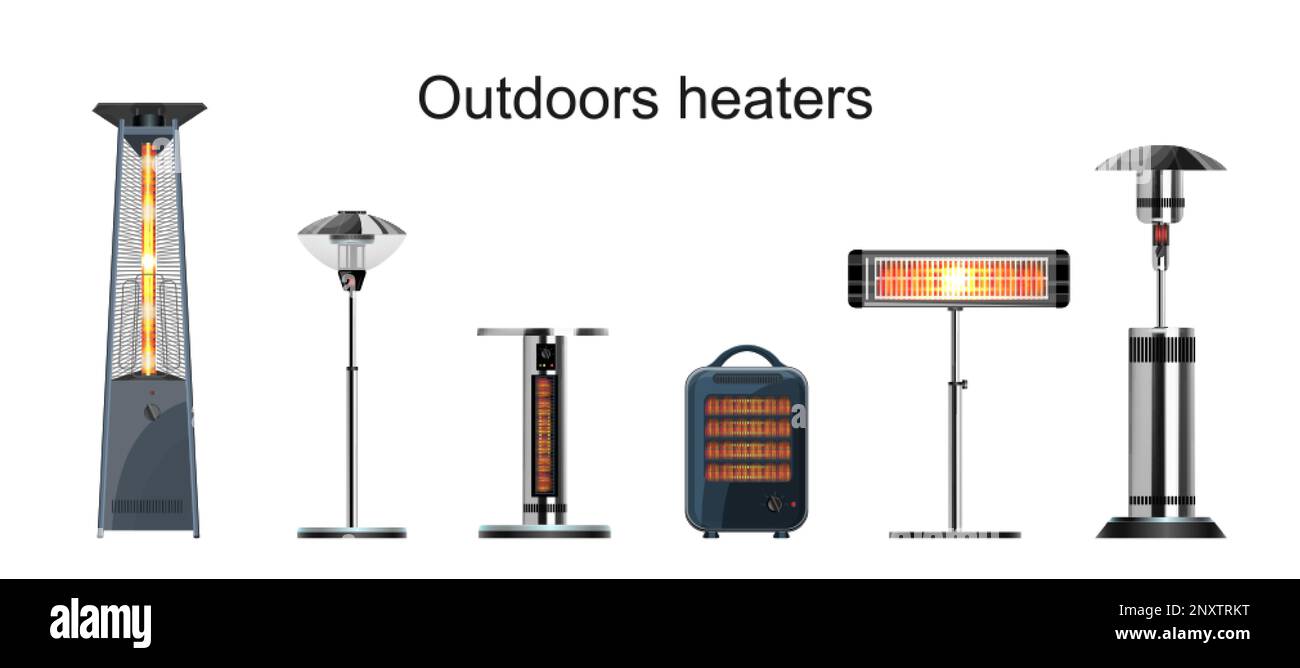 Riscaldatori elettrici a gas a infrarossi per esterni isolati piatti su sfondo bianco, illustrazione vettoriale Illustrazione Vettoriale