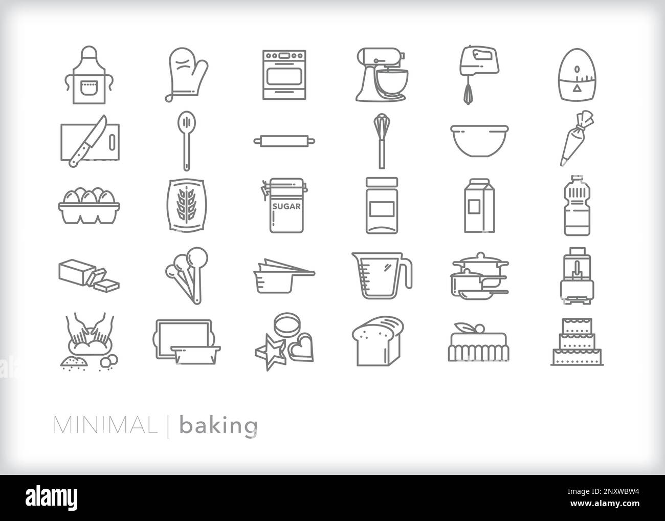 Set di 30 icone della linea di cottura degli ingredienti e dell'apparecchiatura per un panettiere domestico del pane o dei dolci Illustrazione Vettoriale