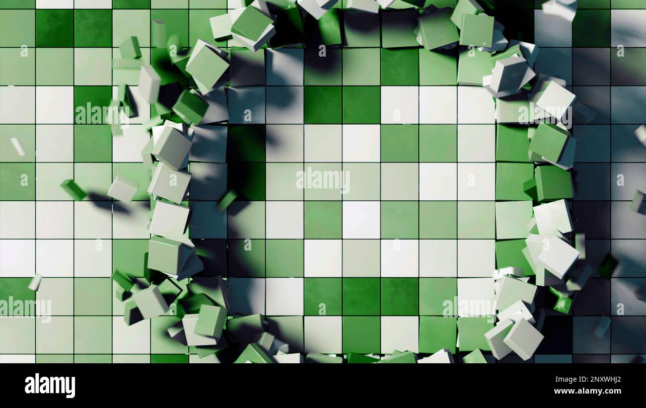 Parete astratta bianca e verde di tessere a mosaico quadrate. Design. Concetto di costruzione e distruzione Foto Stock