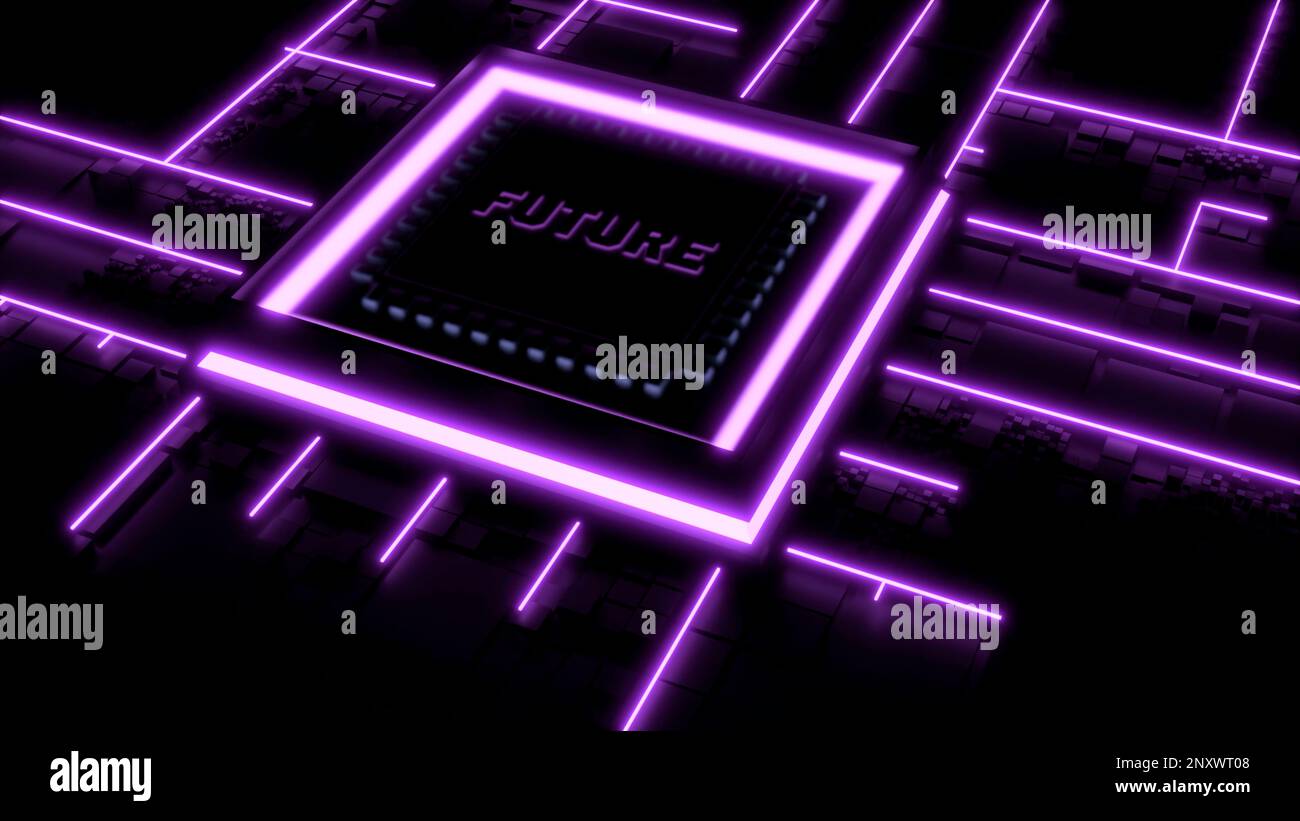 Micro chip astratto con la parola futuro. Design. Visualizzazione di una scheda a circuito stampato moderna Foto Stock