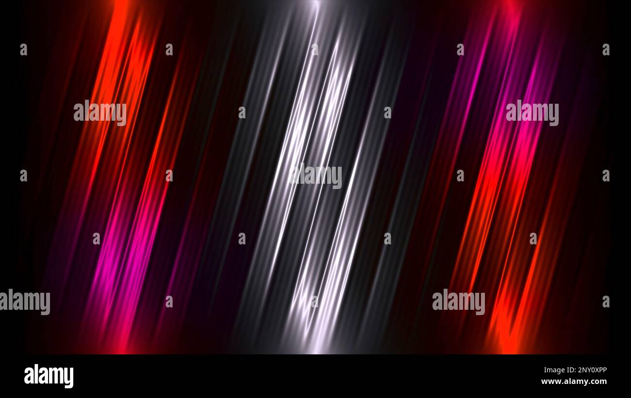 Le strisce diagonali si muovono con linee lucenti su sfondo nero. Movimento. Animazione con strisce chiare ed effetto raggio. Linee eleganti a righe con l mobile Foto Stock