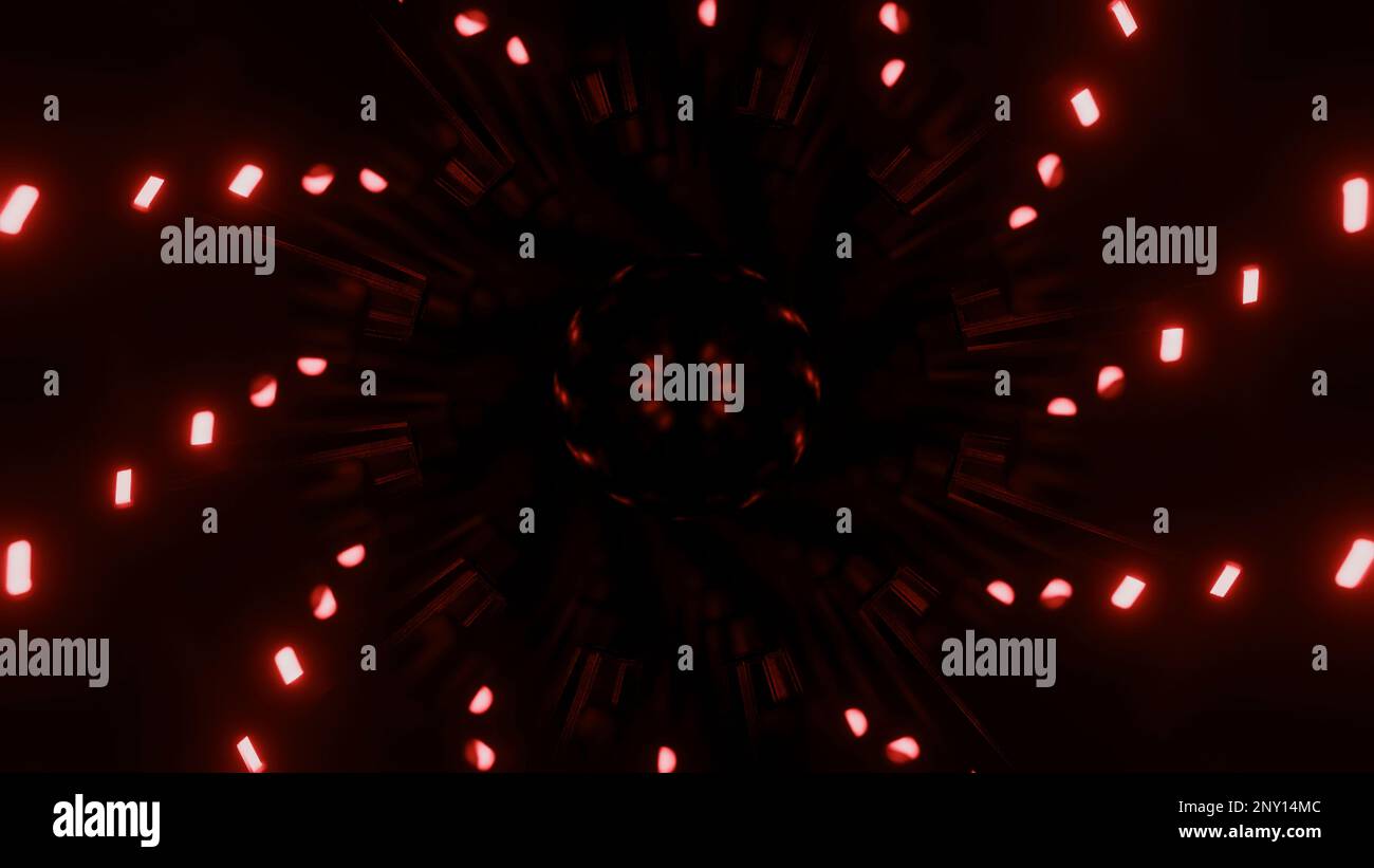 I punti luminosi ruotano a spirale su sfondo scuro. Design. Spirale tecnologica con punti al neon rotanti al buio. Le lanterne al neon si muovono a spirale al buio. Foto Stock