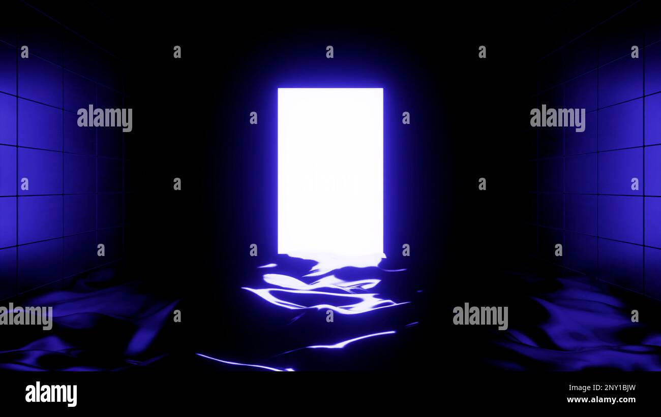 Il seminterrato è pieno d'acqua con una finestra luminosa. Design. Illuminazione blu e arancione con una stanza nera e acqua e uno spazio vuoto chiaro fatto Foto Stock