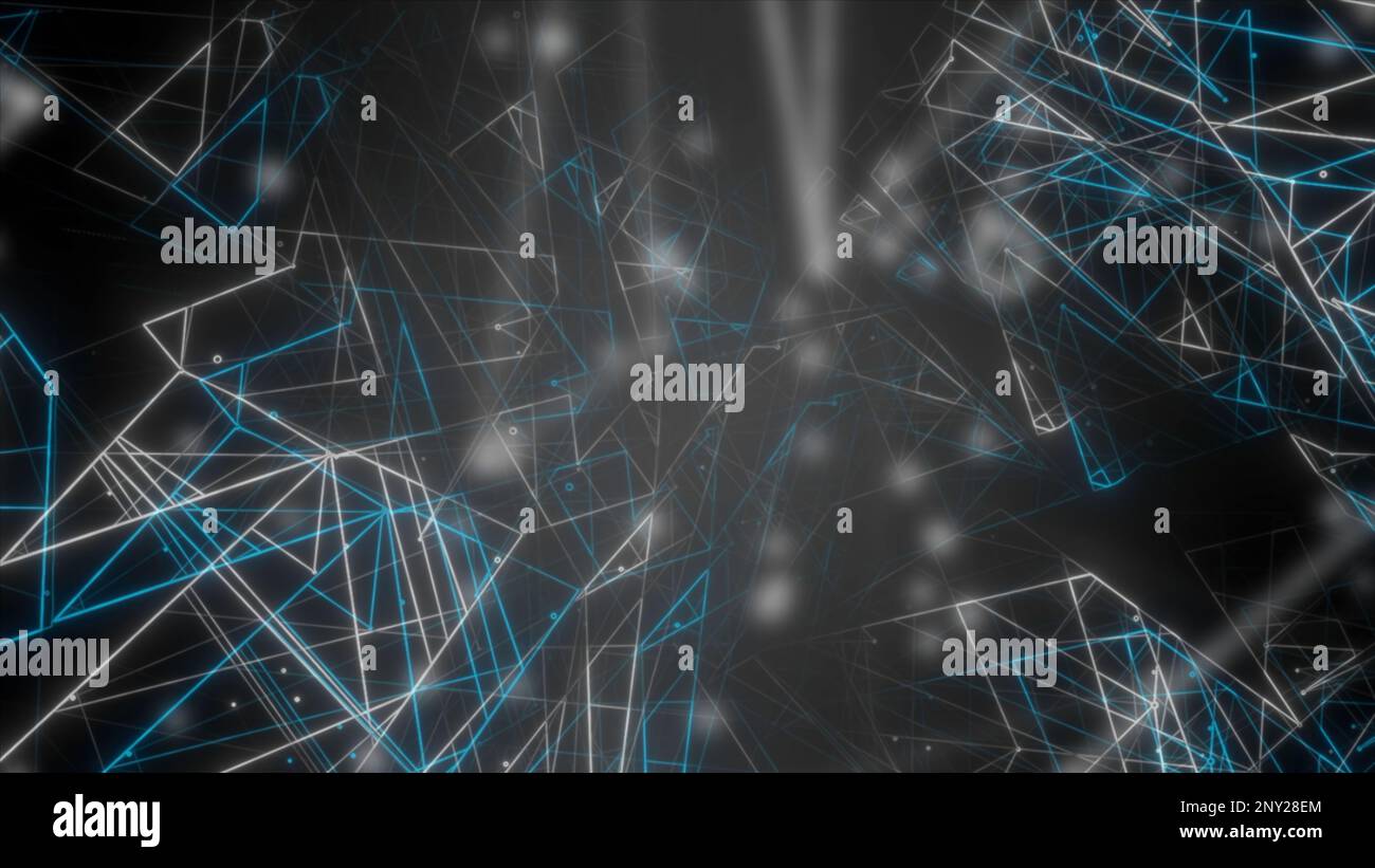 Sfondo nero. Movimento. Le linee bianche e blu nella grafica volano in luoghi caotici in formato 3D. Riprese in 4K di alta qualità Foto Stock