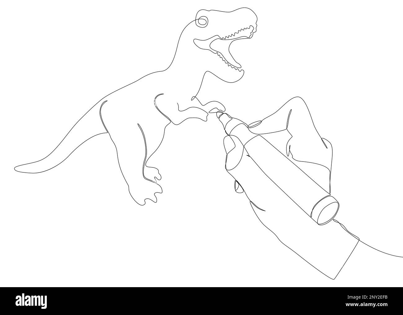 Una linea continua di Tyrannosaurus Rex disegnata con una matita, pennarello. Concetto di vettore di illustrazione a linea sottile. Disegno di contorno idee creative. Illustrazione Vettoriale